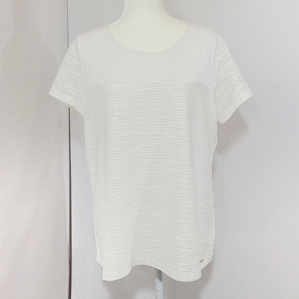 Calvin Klein White Textured Zebra Animal Print Relaxed Fit Short Sleeve Top XL